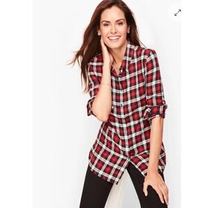 TALBOTS Classic Cotton‎ Button Down Shirt Large Red Plaid NEW Casual